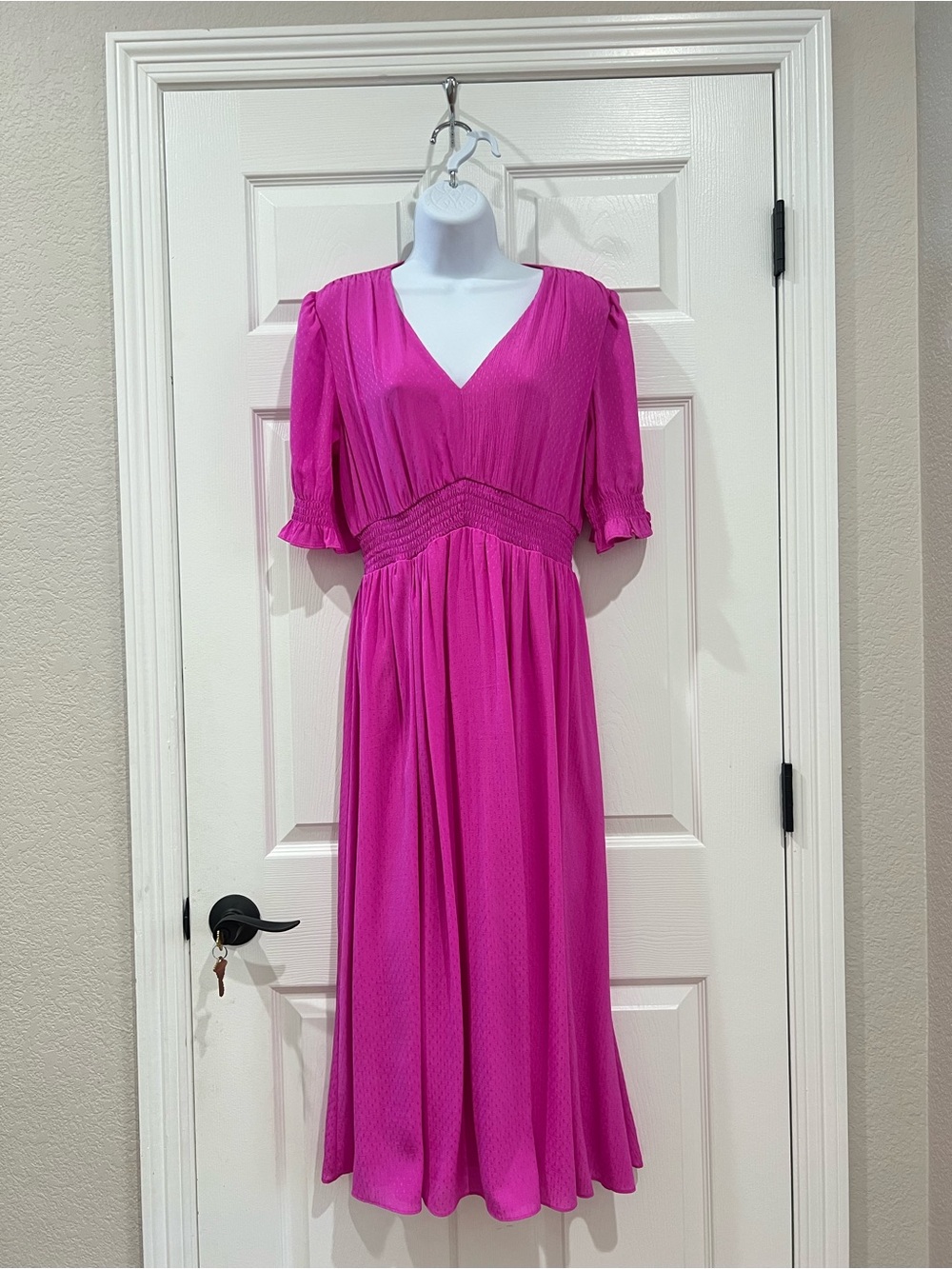 DKNY Magenta Pink Smocked Waist Midi Dress Faux Wrap V-Neck Ruffle Sleeve Size 8